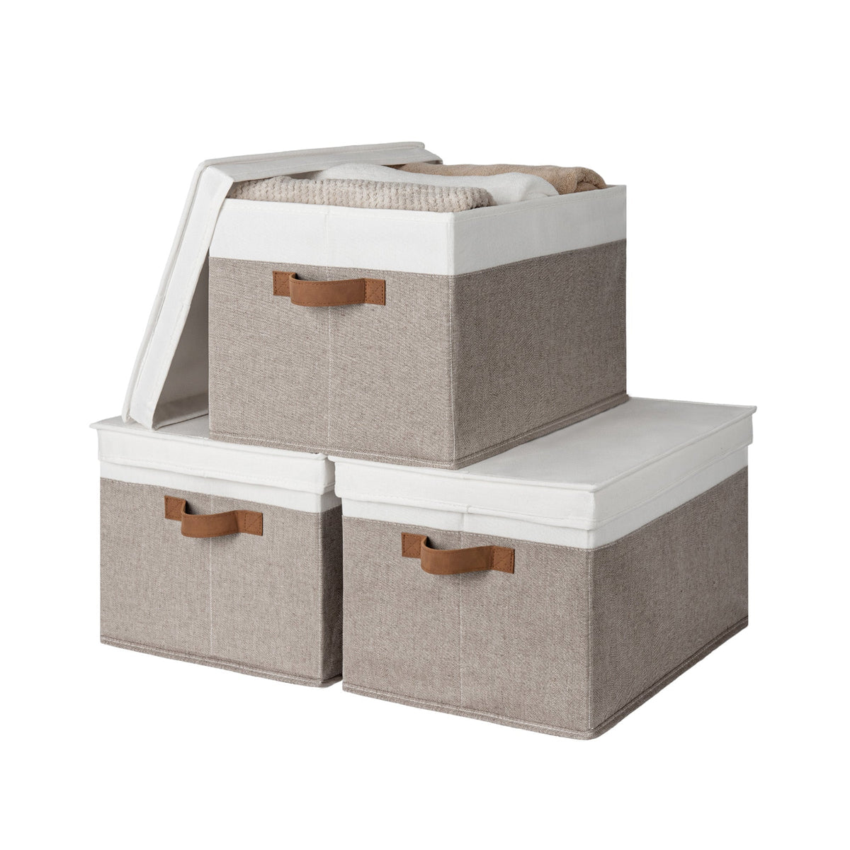 Lidded Large Storage Bins, Two-Tone Design, Set of 3