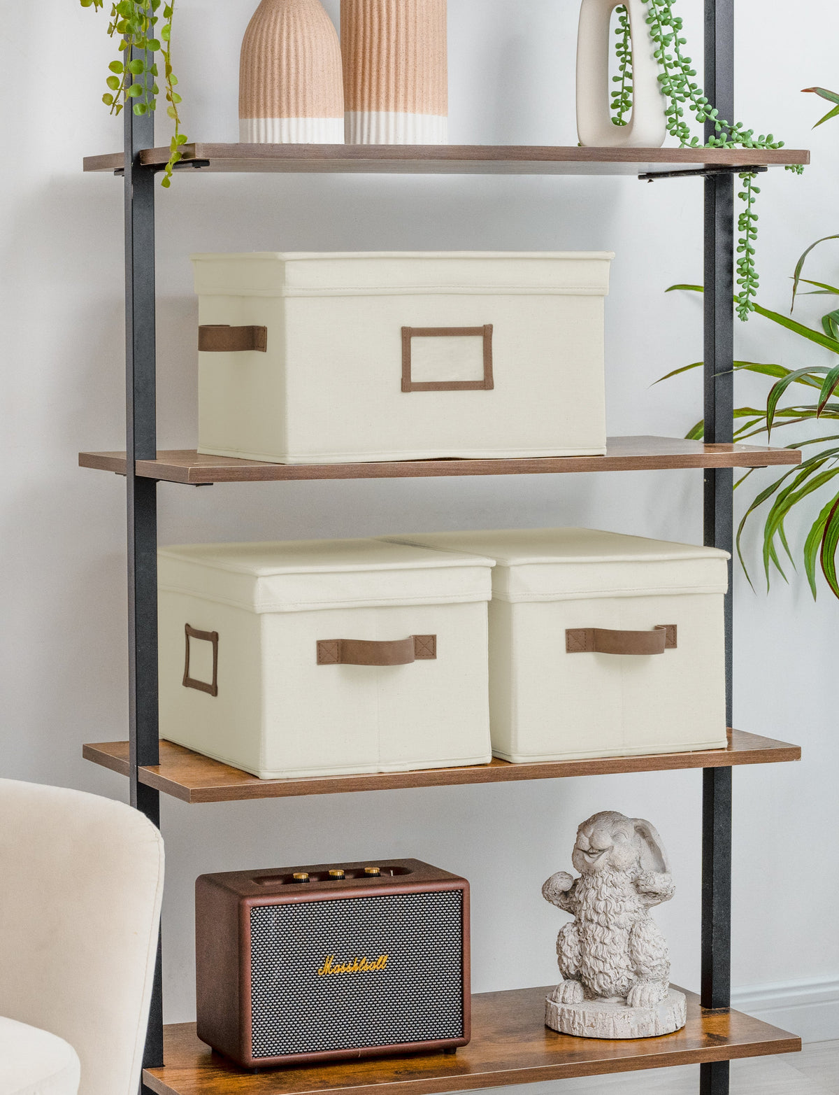 Solid Color Lidded Fabric Storage Bins with PU Handles, Set of 3