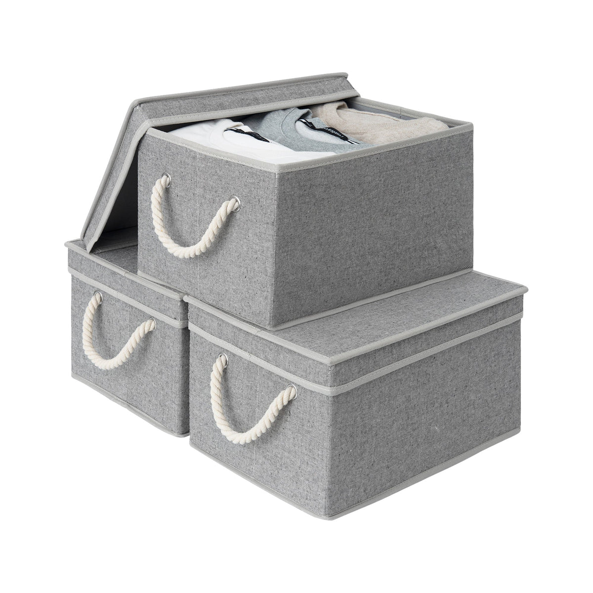 Lidded Fabric Storage Bins with Cotton Rope Handles, Set of 3