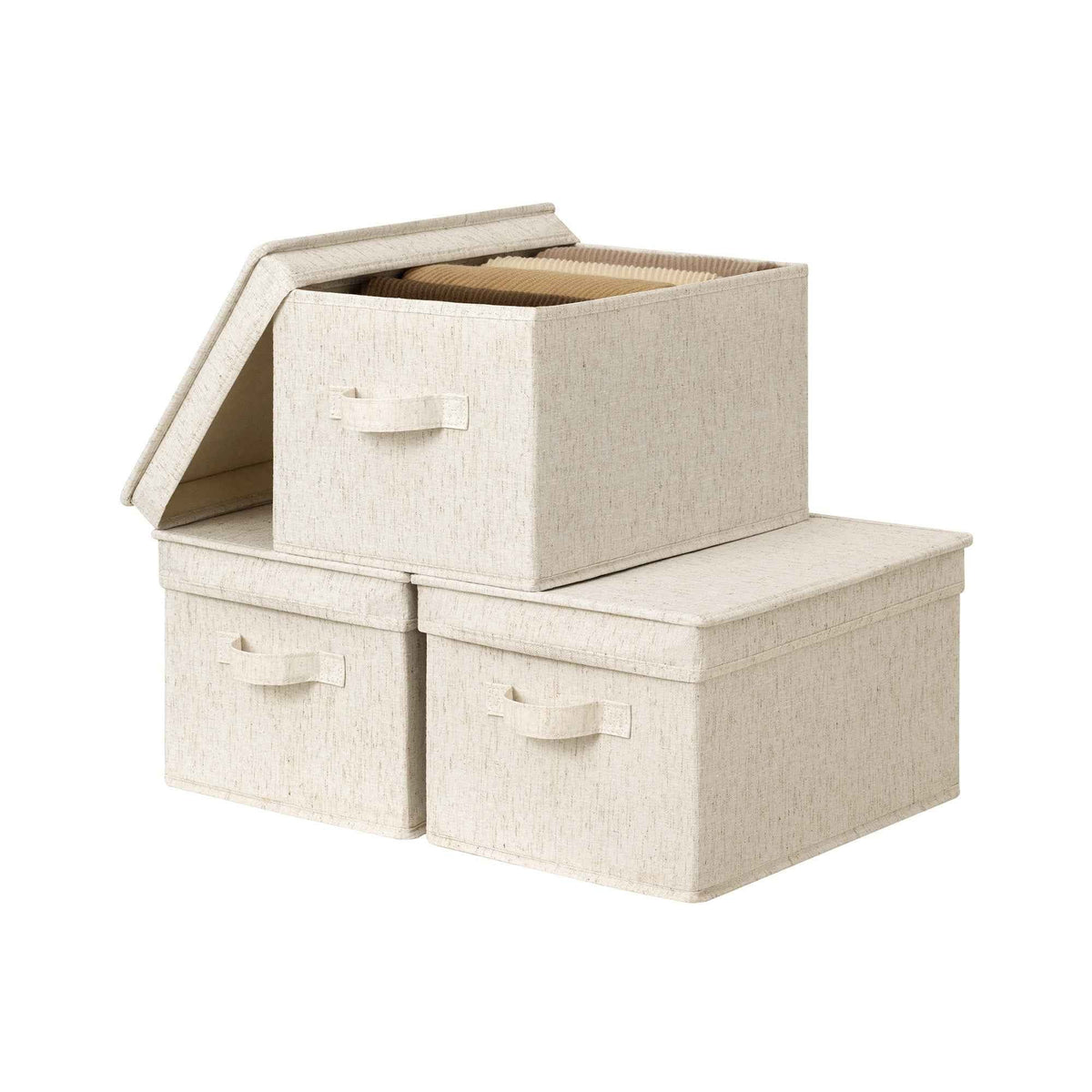 Rustic Linen Lidded Storage Bins, Set of 3