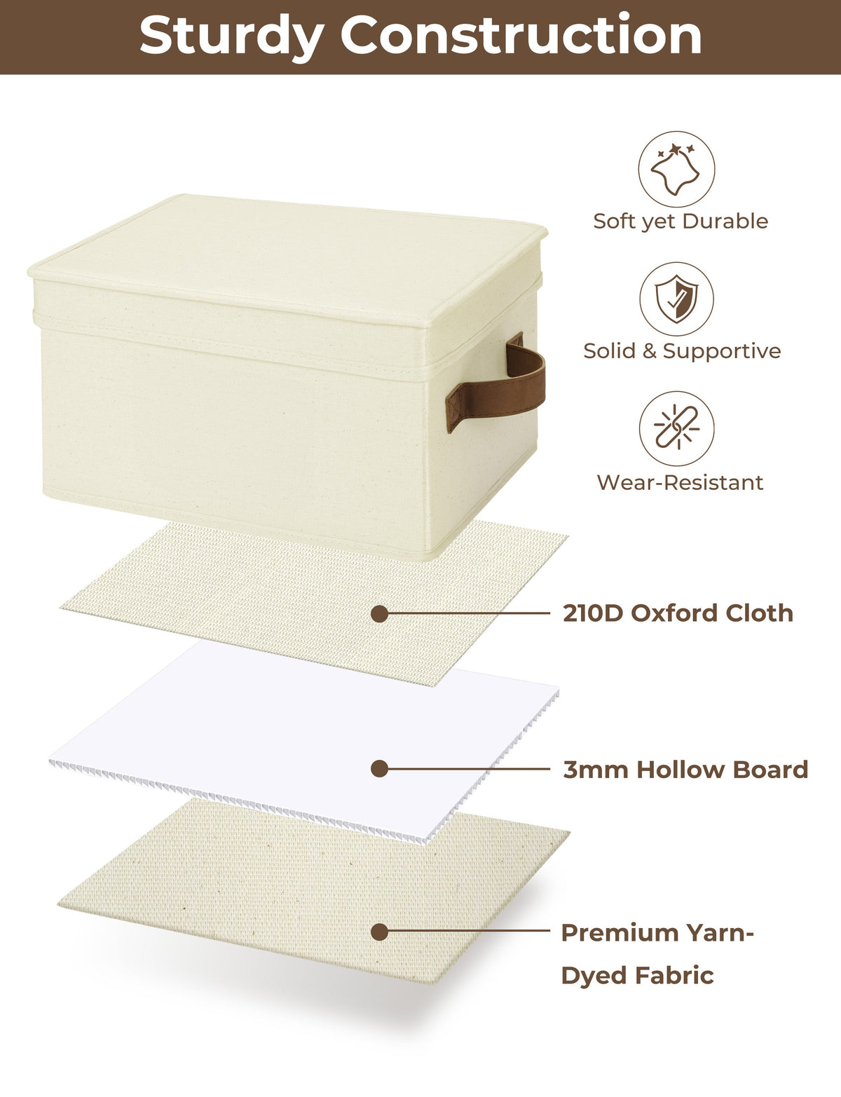 Solid Color Lidded Fabric Storage Bins with PU Handles, Set of 3
