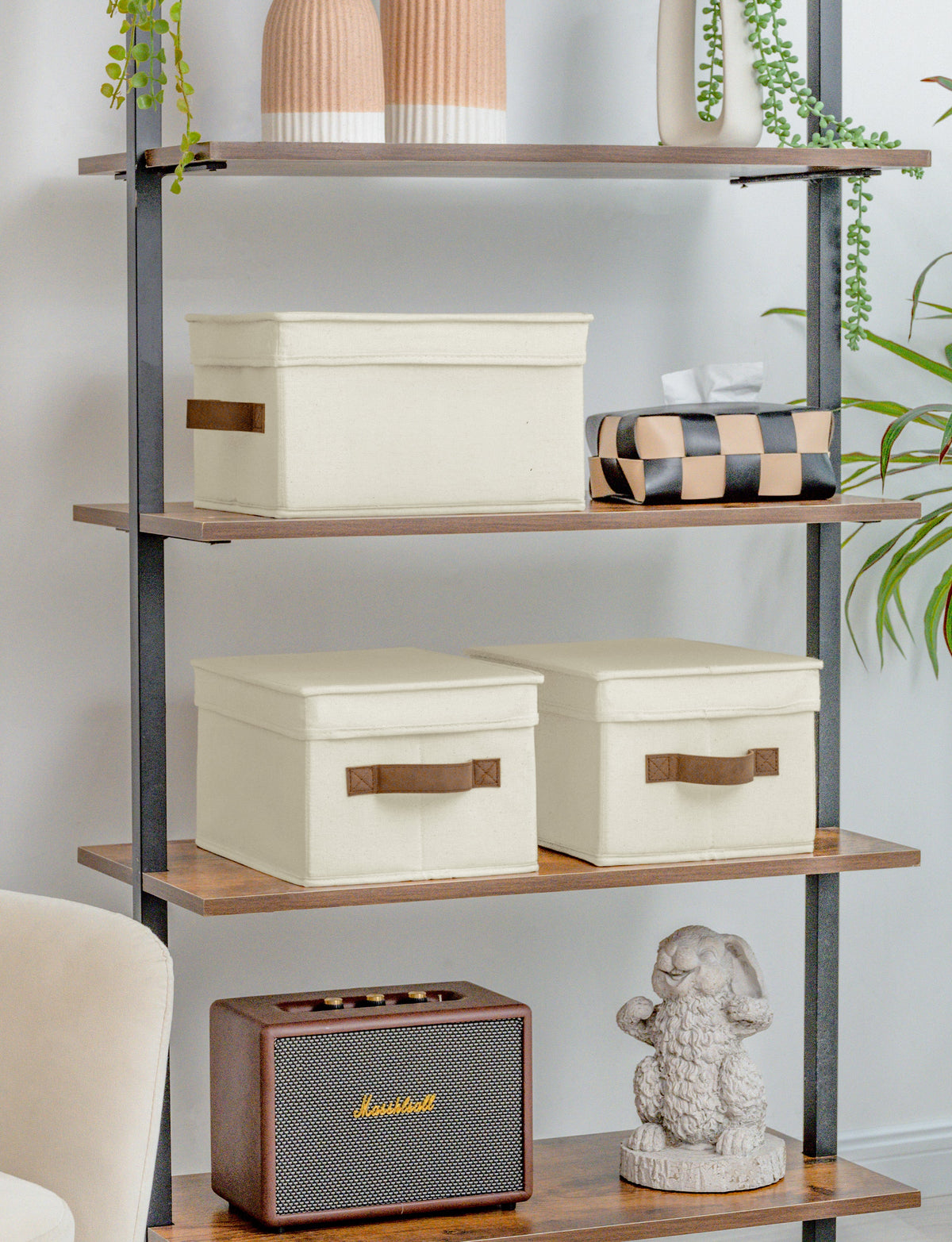 Solid Color Lidded Fabric Storage Bins with PU Handles, Set of 3