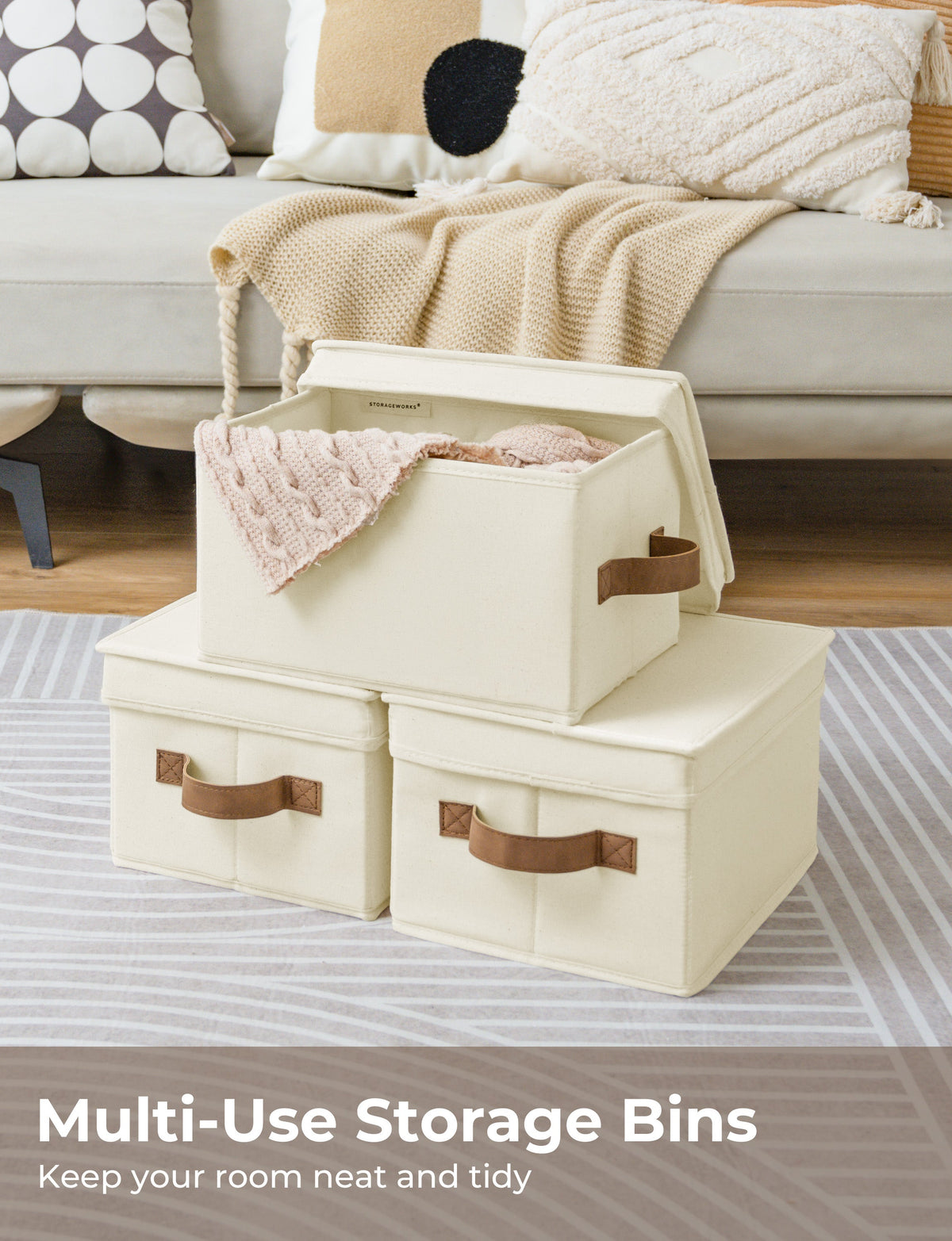 Solid Color Lidded Fabric Storage Bins with PU Handles, Set of 3