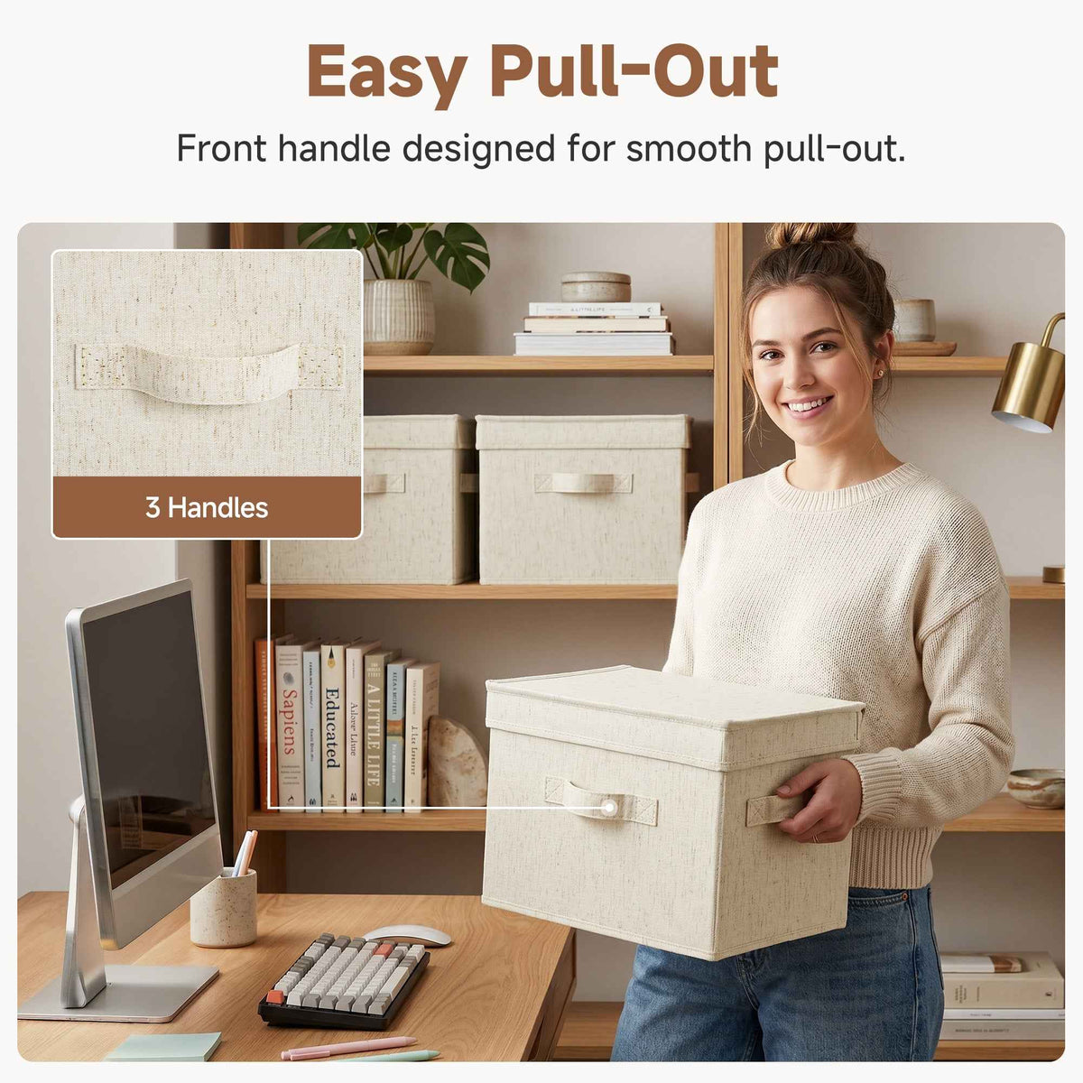 Rustic Linen Fabric Storage Bins with Flip-Top Lids, Set of 2
