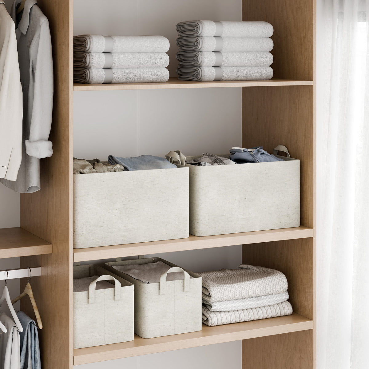 Storage Bins, Metal Frame, Beige-Cotton-linen, 2-Pack