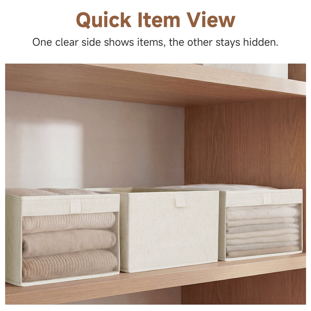Rustic Linen Fabric Storage Bins with Clear Window, Set of 3