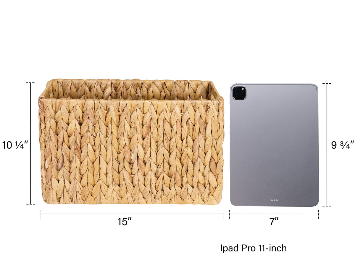 Hand-Woven Divided Magazine Basket, Natural Water Hyacinth