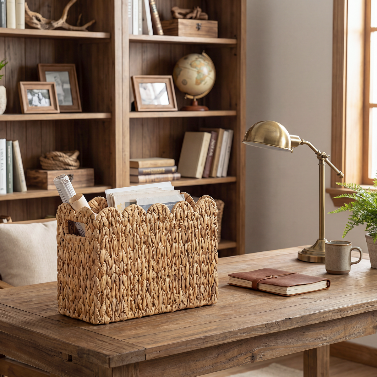 Hand-Woven Divided Magazine Basket, Natural Water Hyacinth