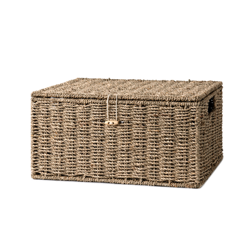 Wicker Basket with Lid and Built-In Handles, Rope Seagrass