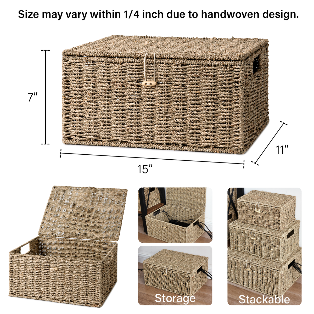 Wicker Basket with Lid and Built-In Handles, Rope Seagrass
