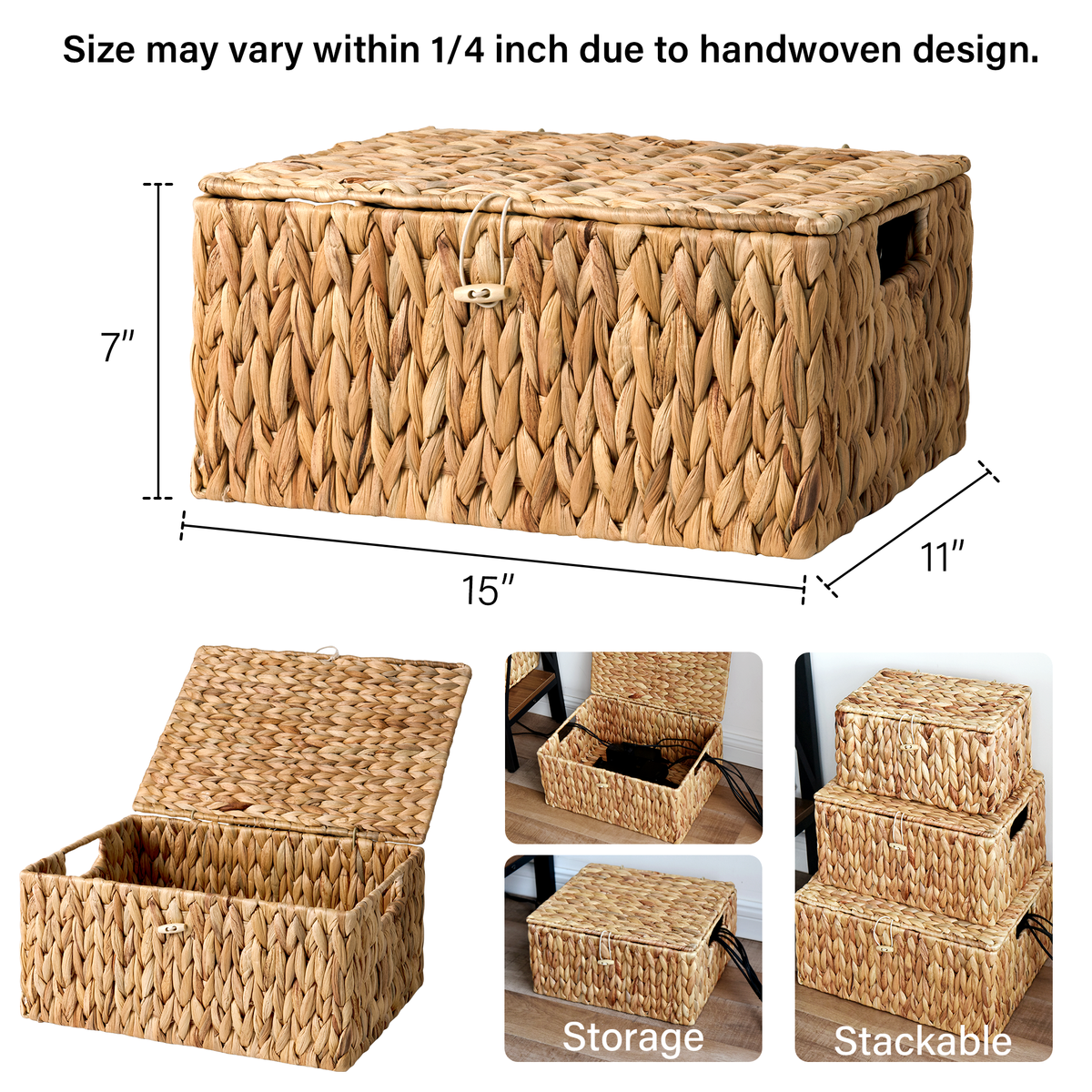 Wicker Basket with Lid and Built-In Handles, Water Hyacinth