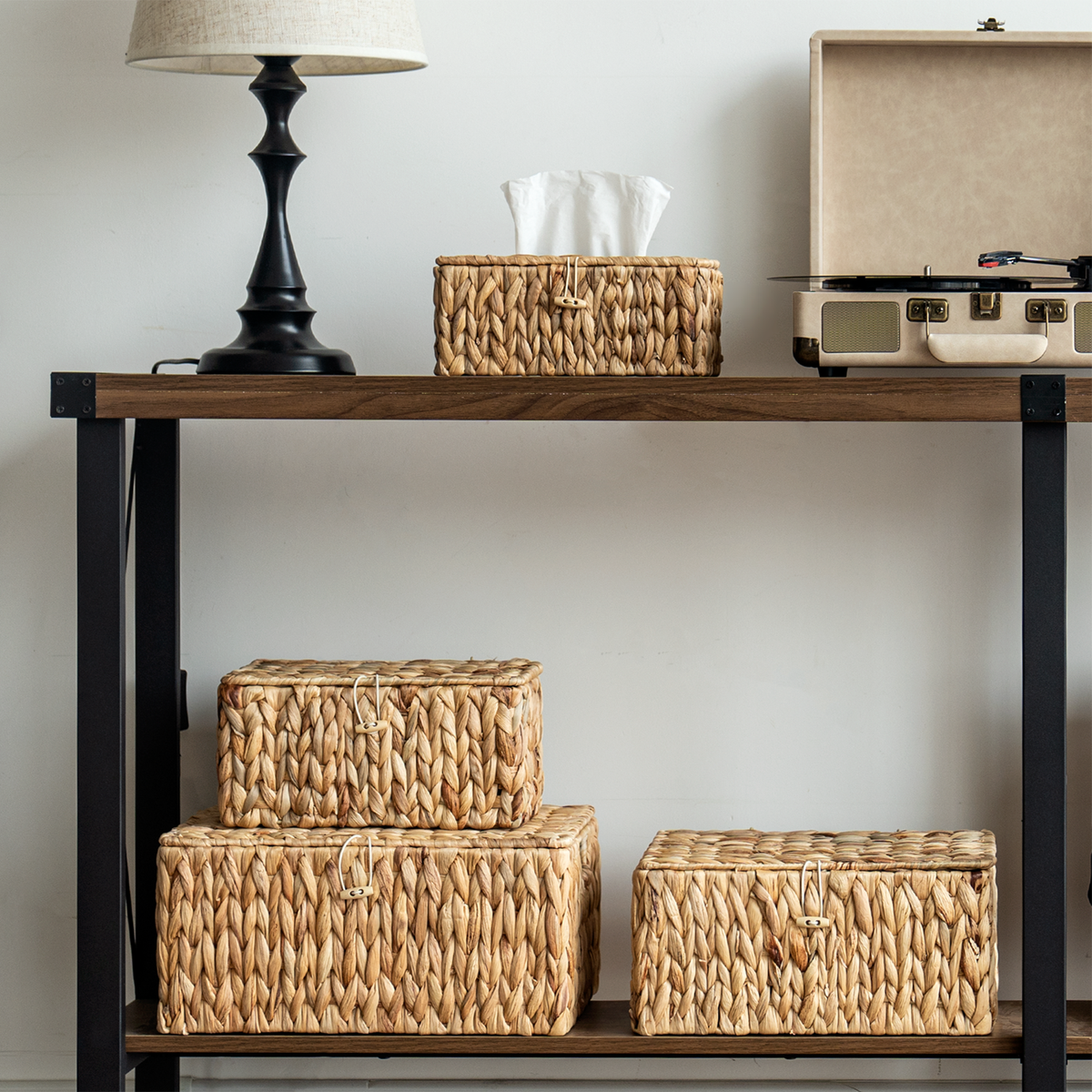 Wicker Basket with Lid and Built-In Handles, Water Hyacinth