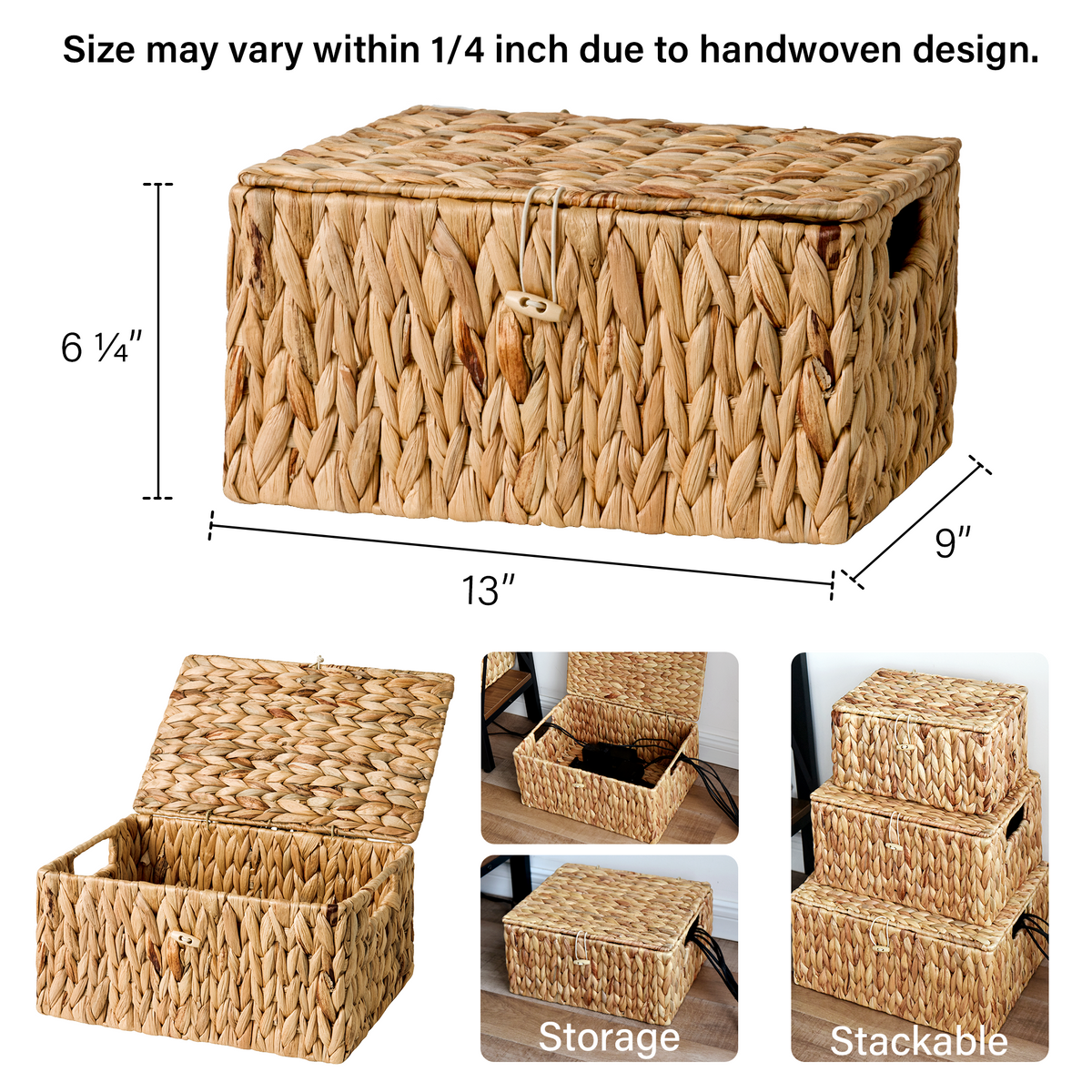 Wicker Basket with Lid and Built-In Handles, Water Hyacinth