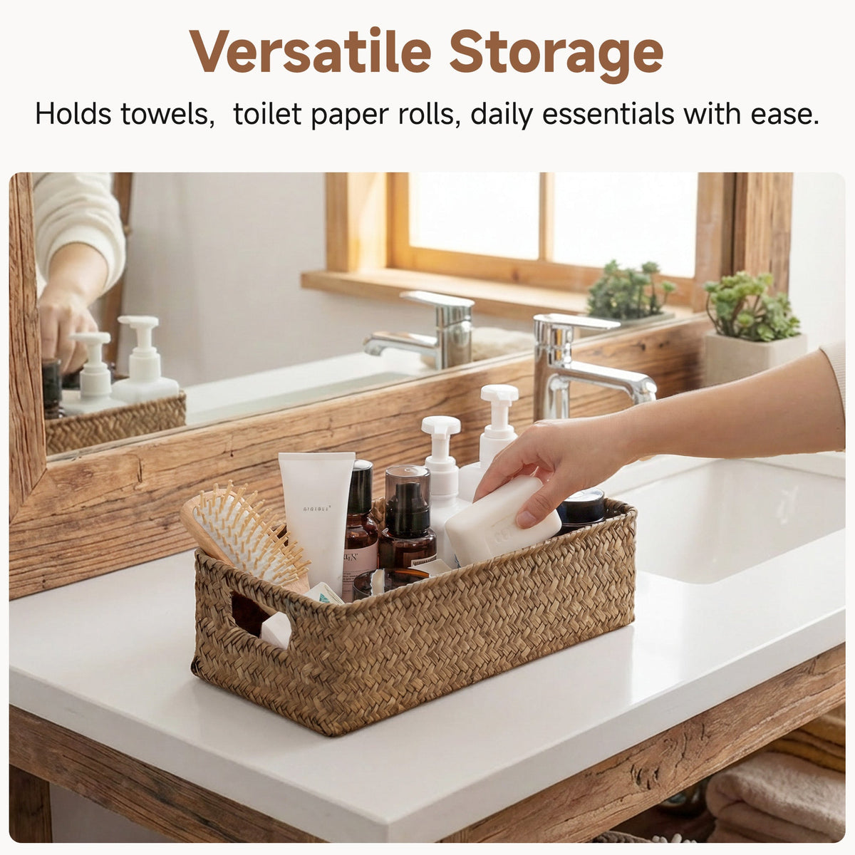 Woven Flat Seagrass Toilet Paper Basket, Built-In Handles