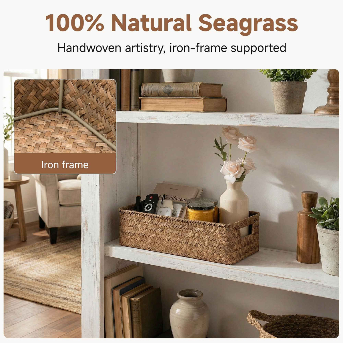 Woven Flat Seagrass Toilet Paper Basket, Built-In Handles