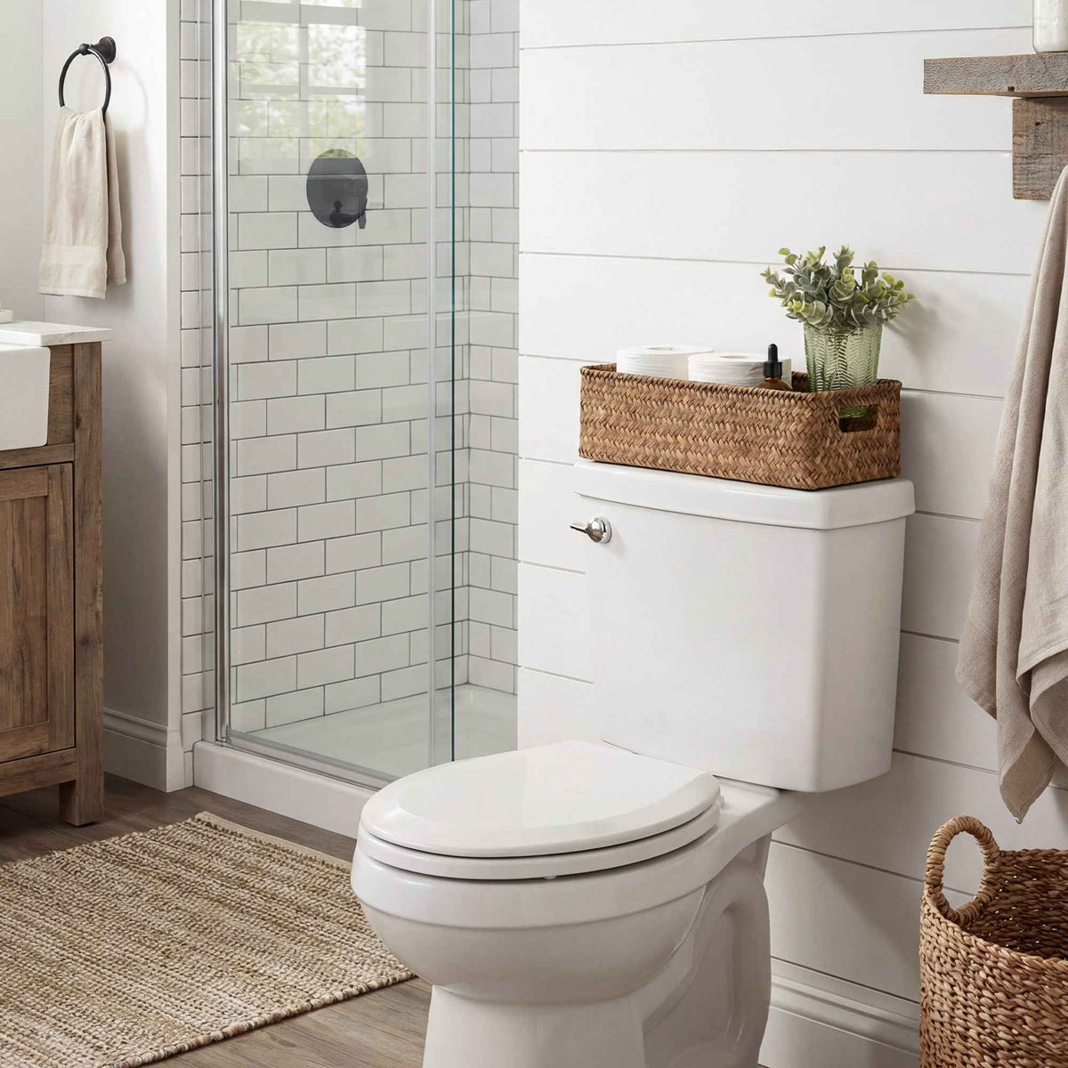 Woven Flat Seagrass Toilet Paper Basket, Built-In Handles