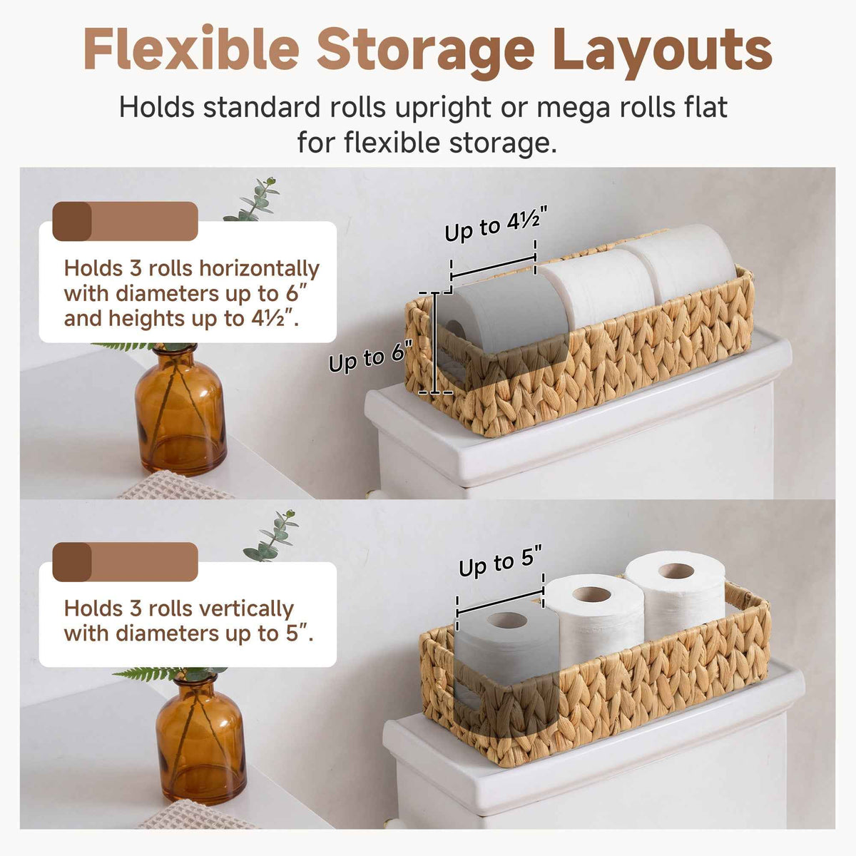 Woven Water Hyacinth Toilet Paper Storage Basket, Built-In Handles