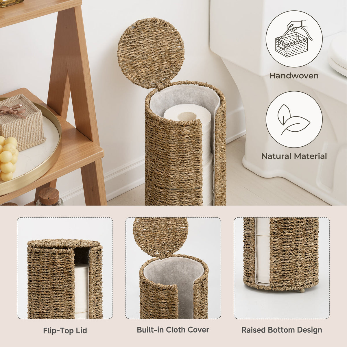 Freestanding Toilet Paper Holder Stand, Seagrass, Fits 3 Rolls