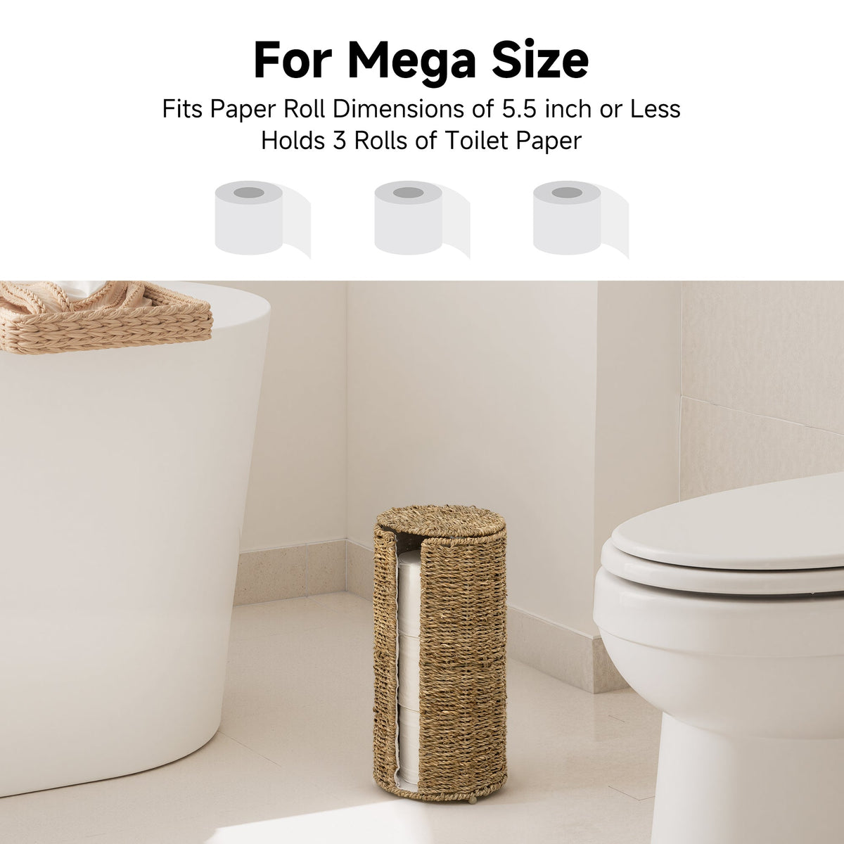 Freestanding Toilet Paper Holder Stand, Seagrass, Fits 3 Rolls