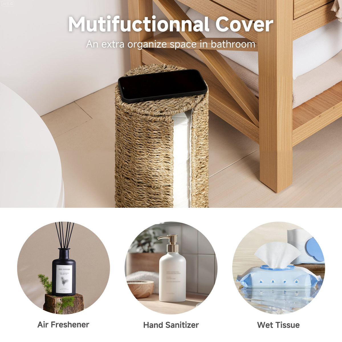 Freestanding Toilet Paper Holder Stand, Seagrass, Fits 3 Rolls