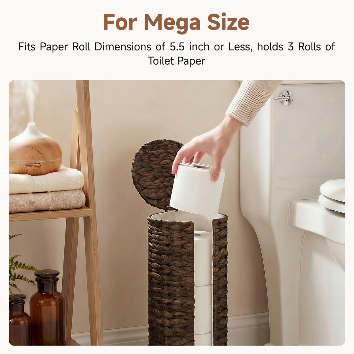 Freestanding Toilet Paper Holder Stand, Water Hyacinth, Fits 3 Rolls