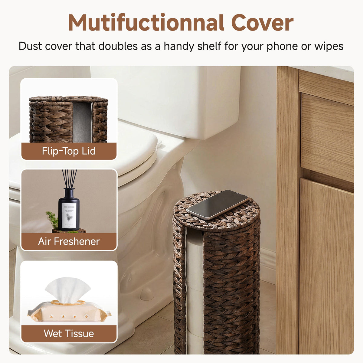 Freestanding Toilet Paper Holder Stand, Water Hyacinth, Fits 3 Rolls