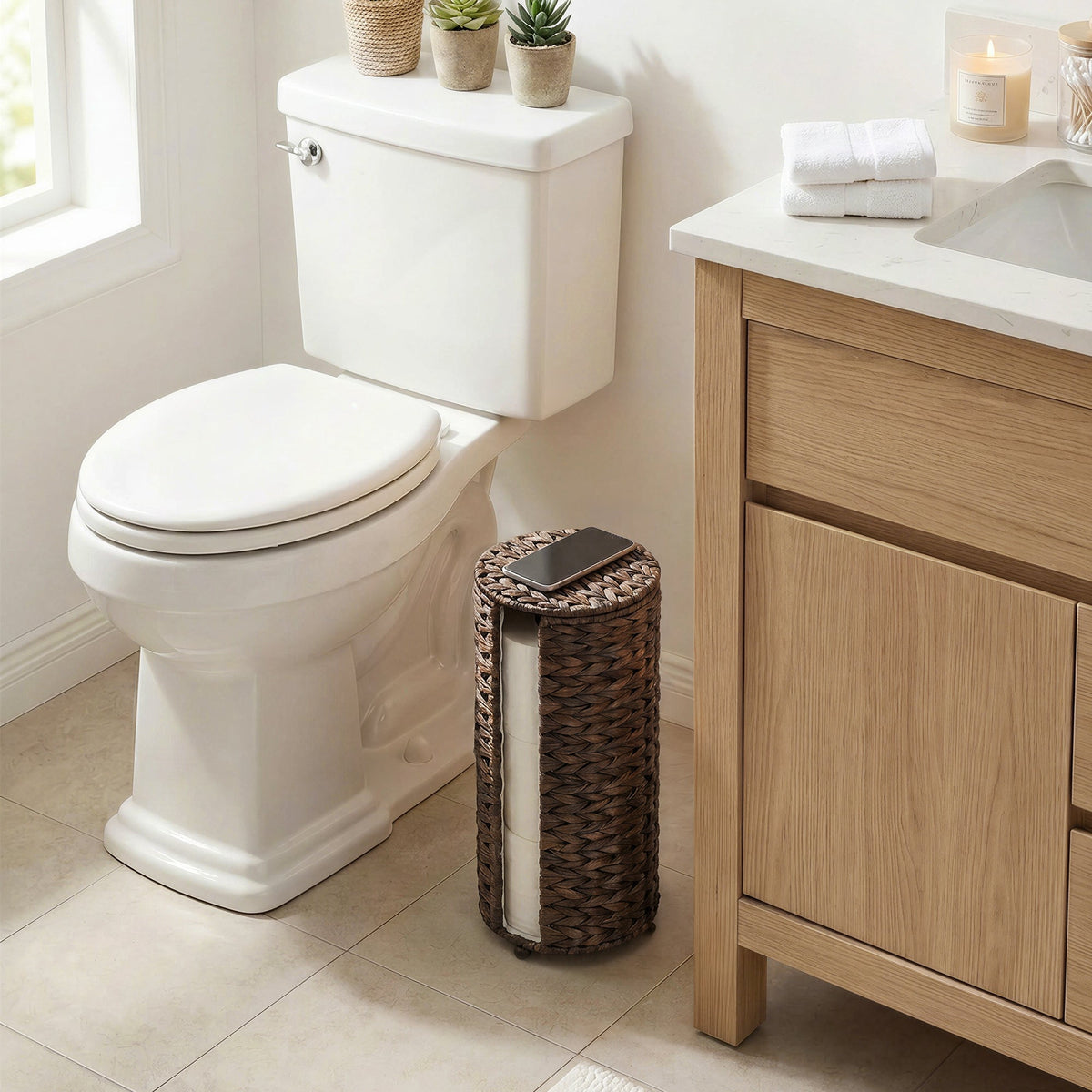 Freestanding Toilet Paper Holder Stand, Water Hyacinth, Fits 3 Rolls