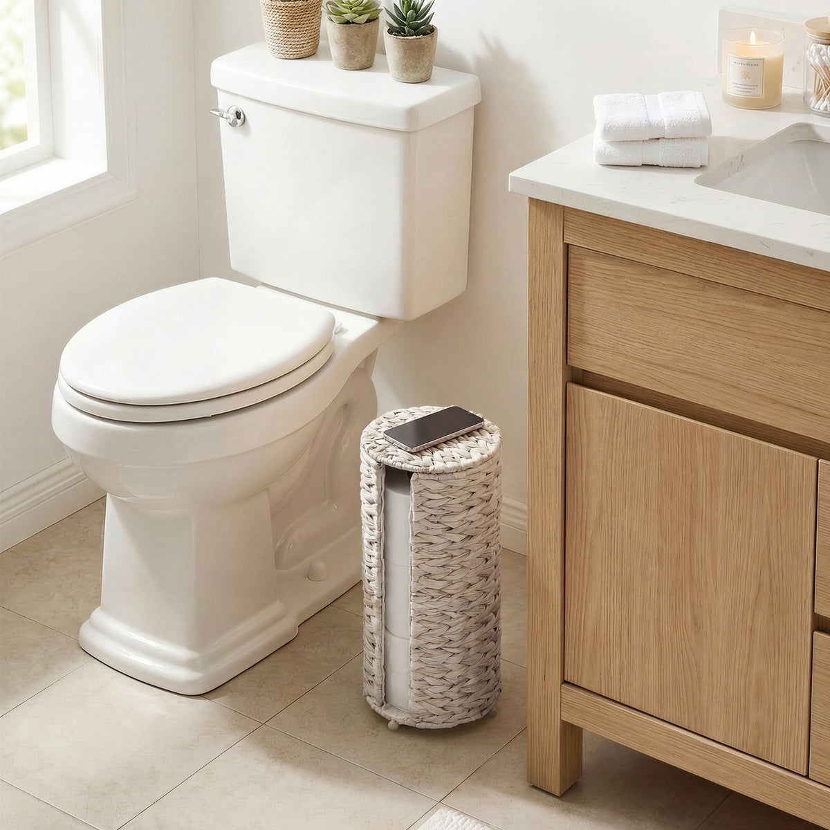 Freestanding Toilet Paper Holder Stand, Water Hyacinth, Fits 3 Rolls