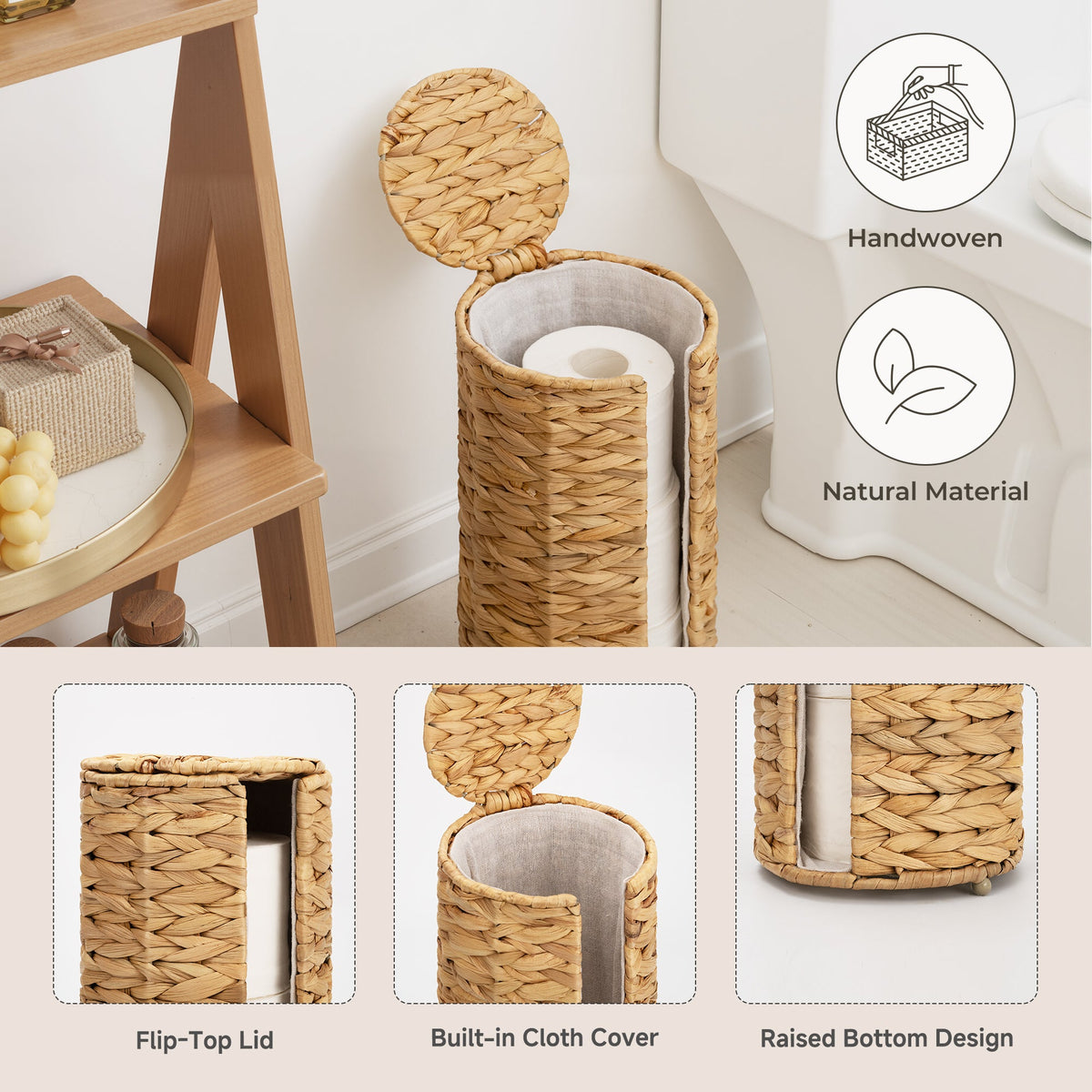 Freestanding Toilet Paper Holder Stand, Water Hyacinth, Fits 3 Rolls