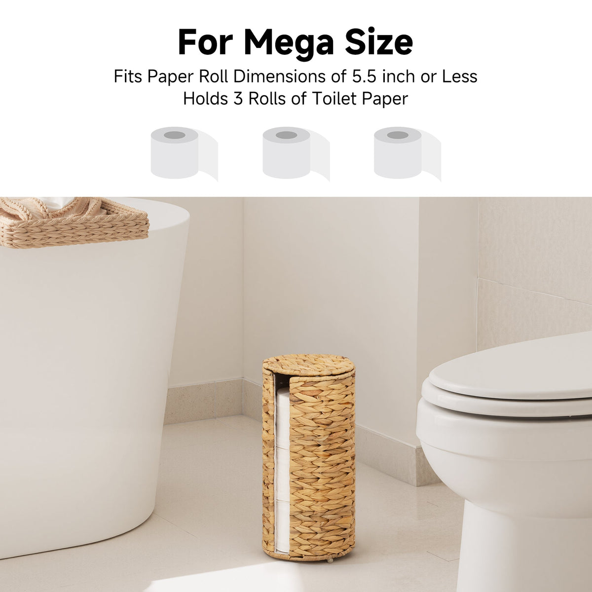 Freestanding Toilet Paper Holder Stand, Water Hyacinth, Fits 3 Rolls