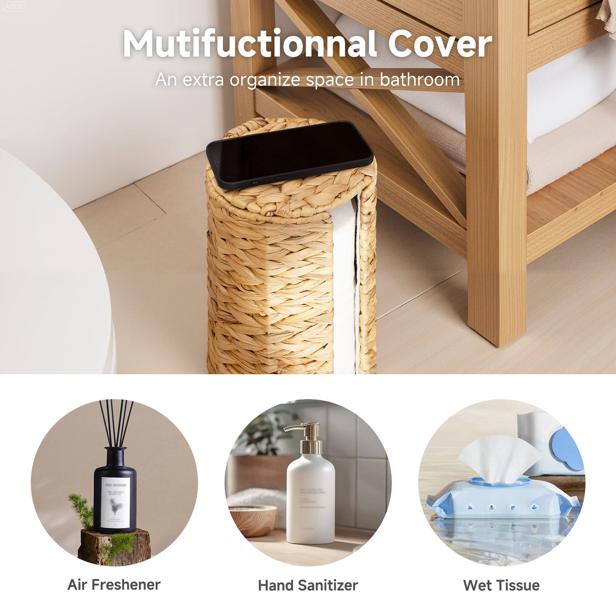 Freestanding Toilet Paper Holder Stand, Water Hyacinth, Fits 3 Rolls
