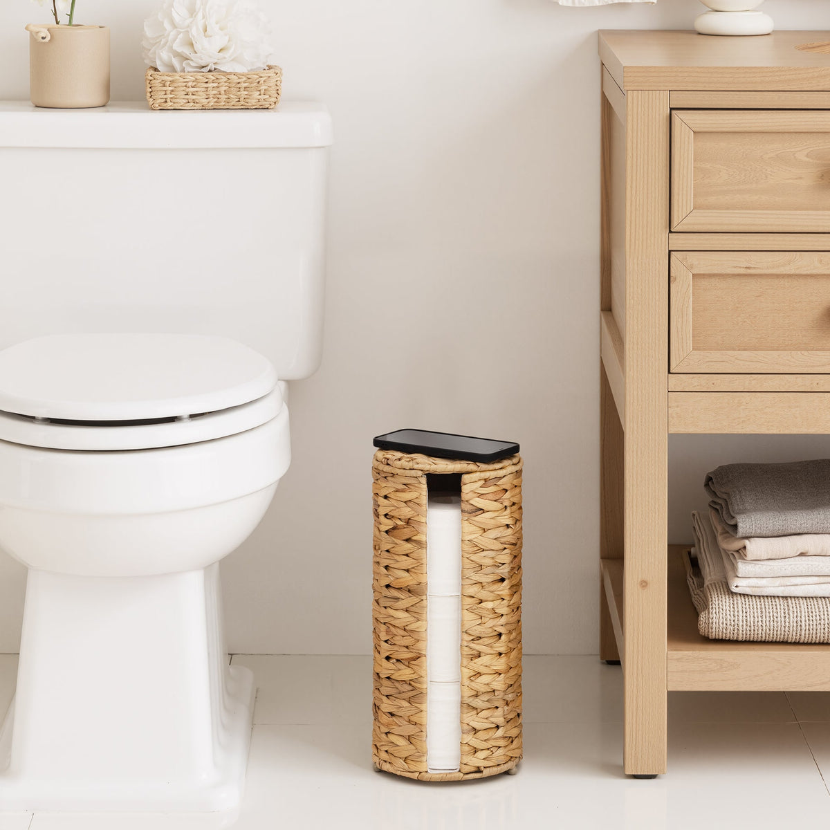 Freestanding Toilet Paper Holder Stand, Water Hyacinth, Fits 3 Rolls