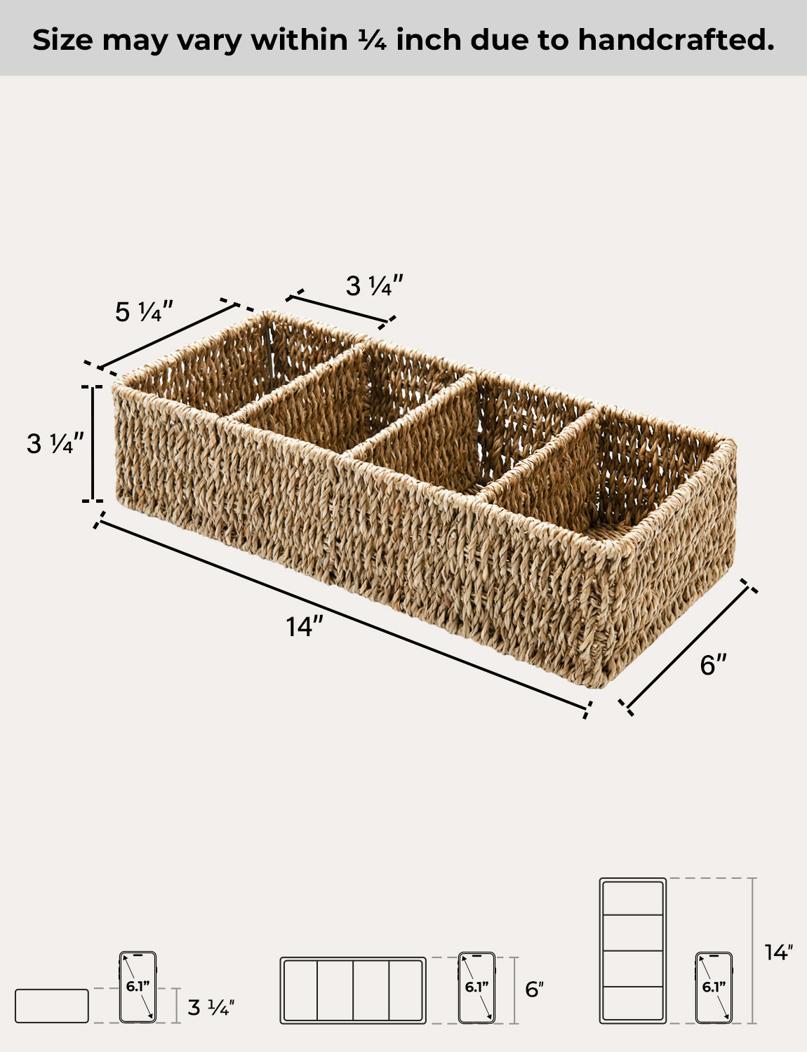 Small Seagrass Baskets for Organizing with 4 Sections, 2 Pack