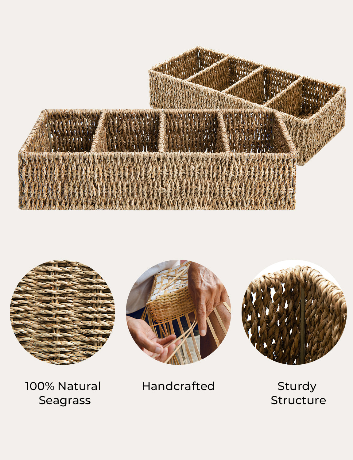 Small Seagrass Baskets for Organizing with 4 Sections, 2 Pack