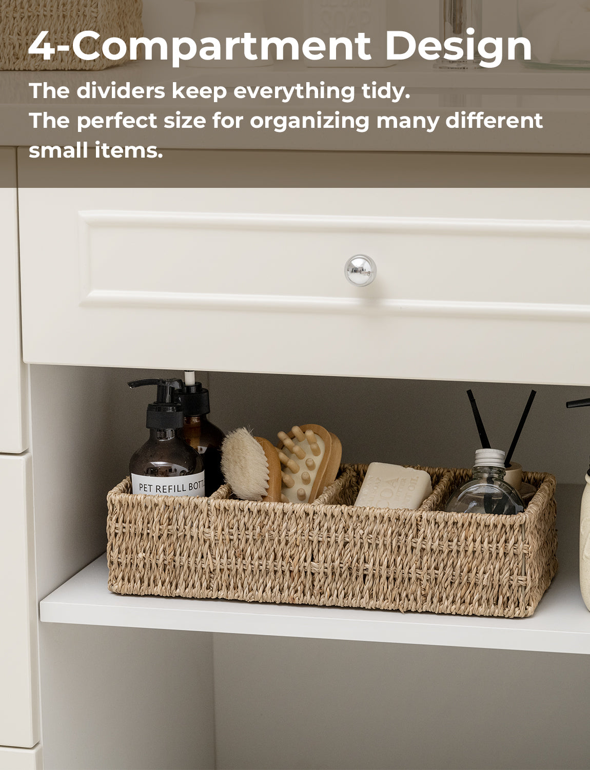 Small Seagrass Baskets for Organizing with 4 Sections, 2 Pack