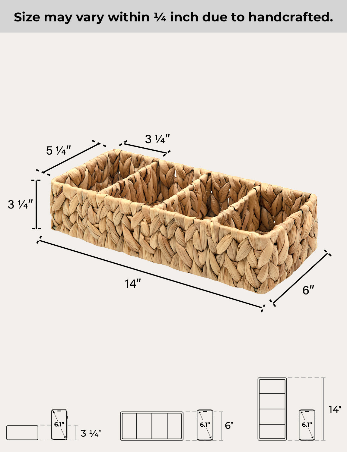 Small Water Hyacinth Baskets for Organizing with 4 Sections, 2 Pack