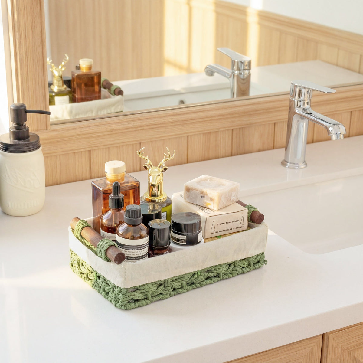 Small Baskets for Organizing with Wooden Handles and Liner, 2 Pack