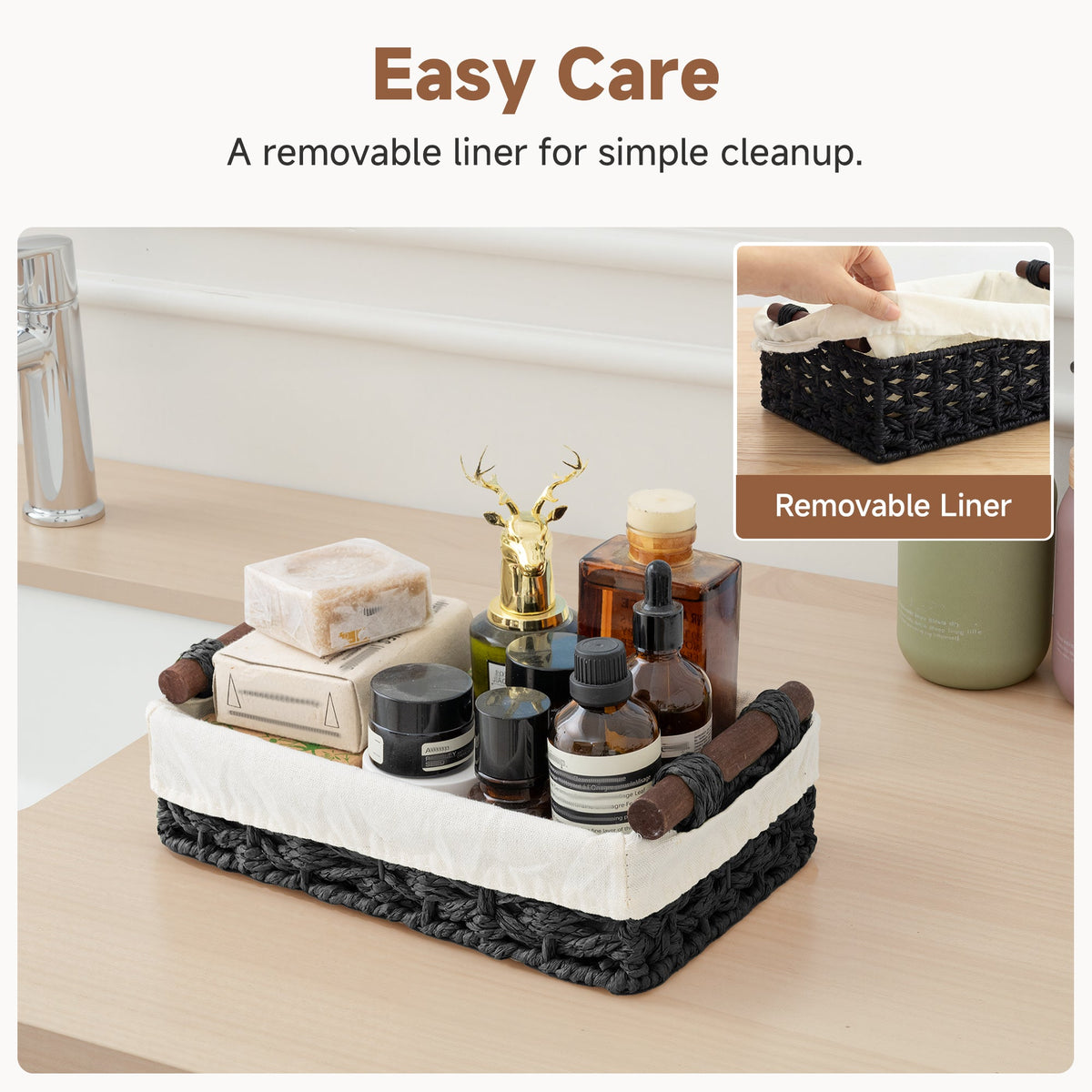 Small Baskets for Organizing with Wooden Handles and Liner, 2 Pack