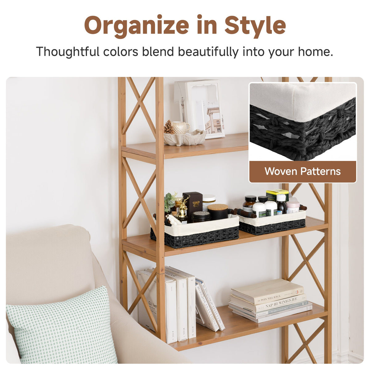 Small Baskets for Organizing with Wooden Handles and Liner, 2 Pack