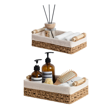 Small Baskets for Organizing with Wooden Handles and Liner, 2 Pack