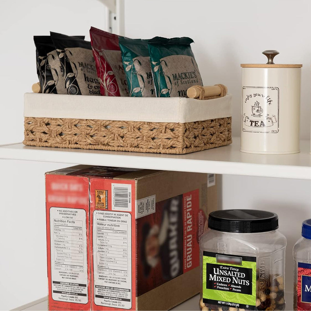 Small Baskets for Organizing with Wooden Handles and Liner, 2 Pack