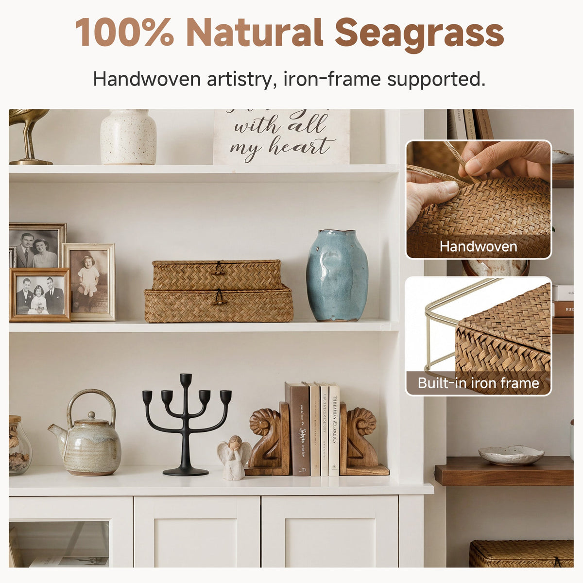 Flat Seagrass Storage Bins with Lid, Small + Large