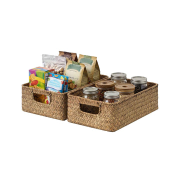 Small Flat Seagrass Basket with Built-In Handles, Set of 2