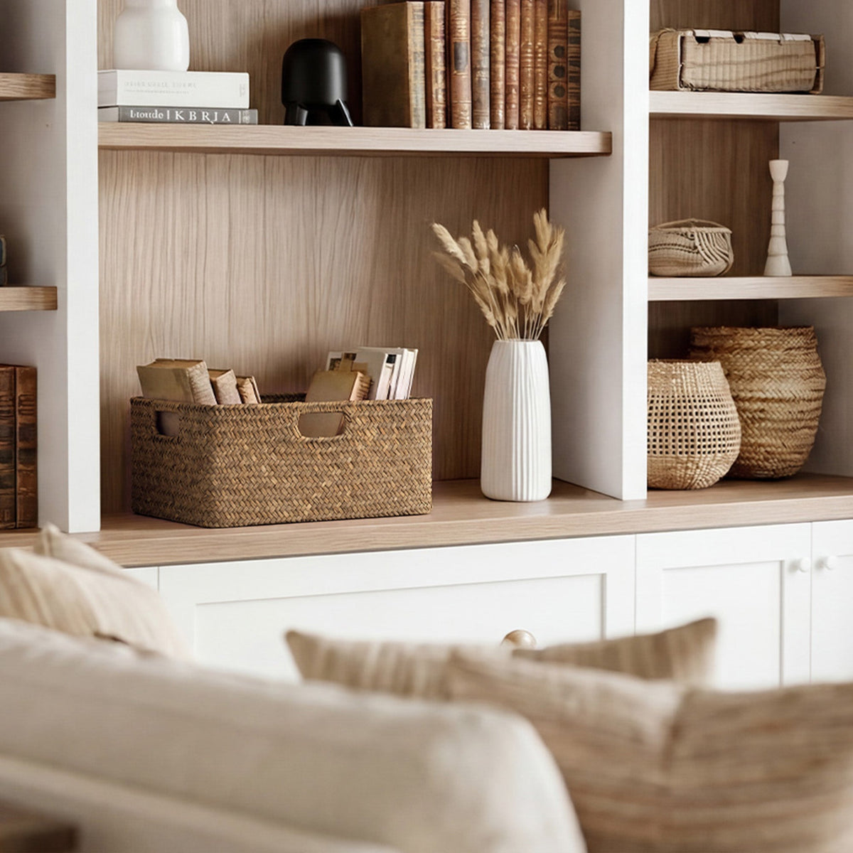 Rectangular Flat Seagrass Basket with Built-In Handles