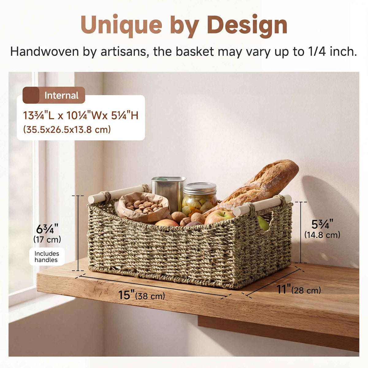 Seagrass Curved-Side Basket with Wood Handles