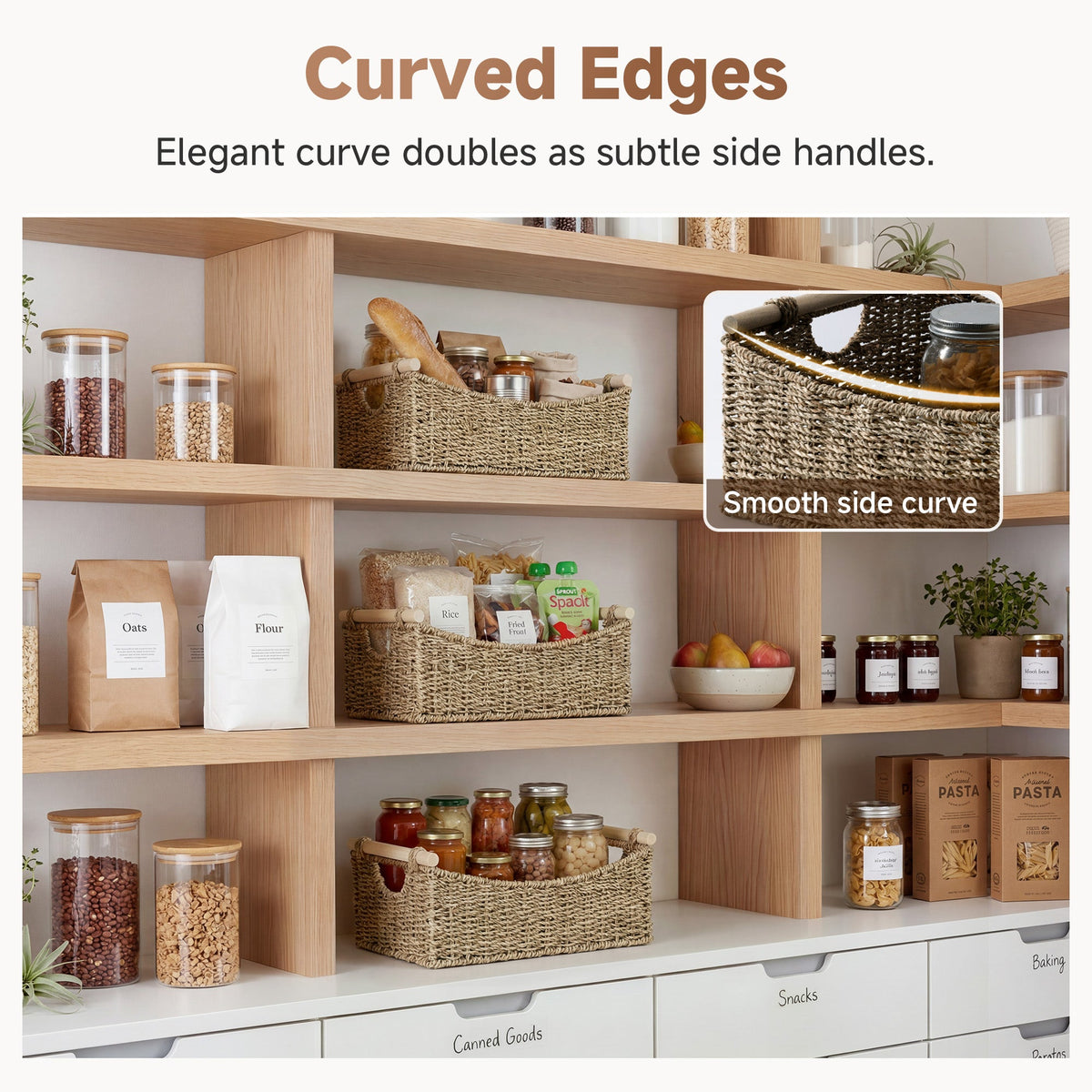 Seagrass Curved-Side Basket with Wood Handles