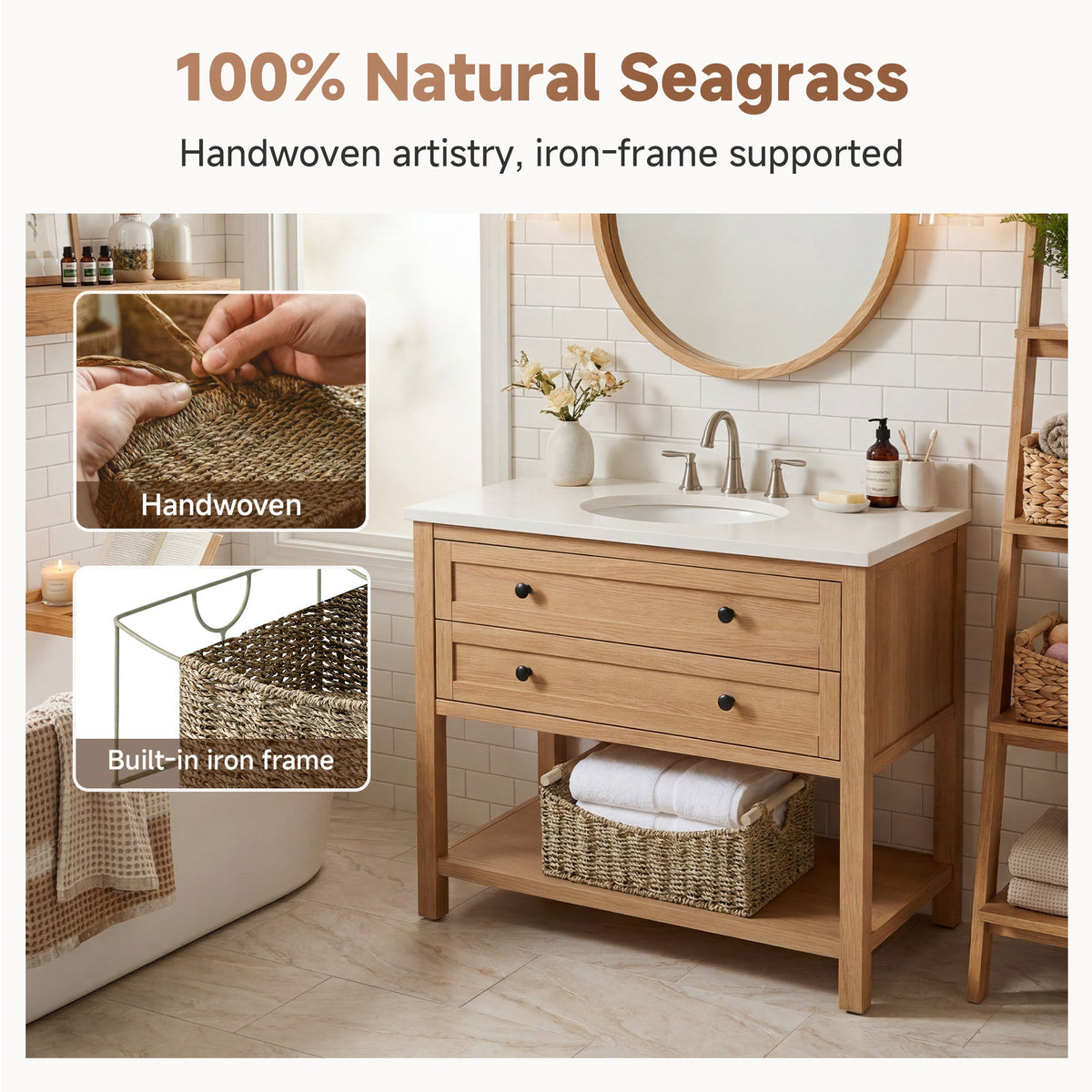 Seagrass Curved-Side Basket with Wood Handles