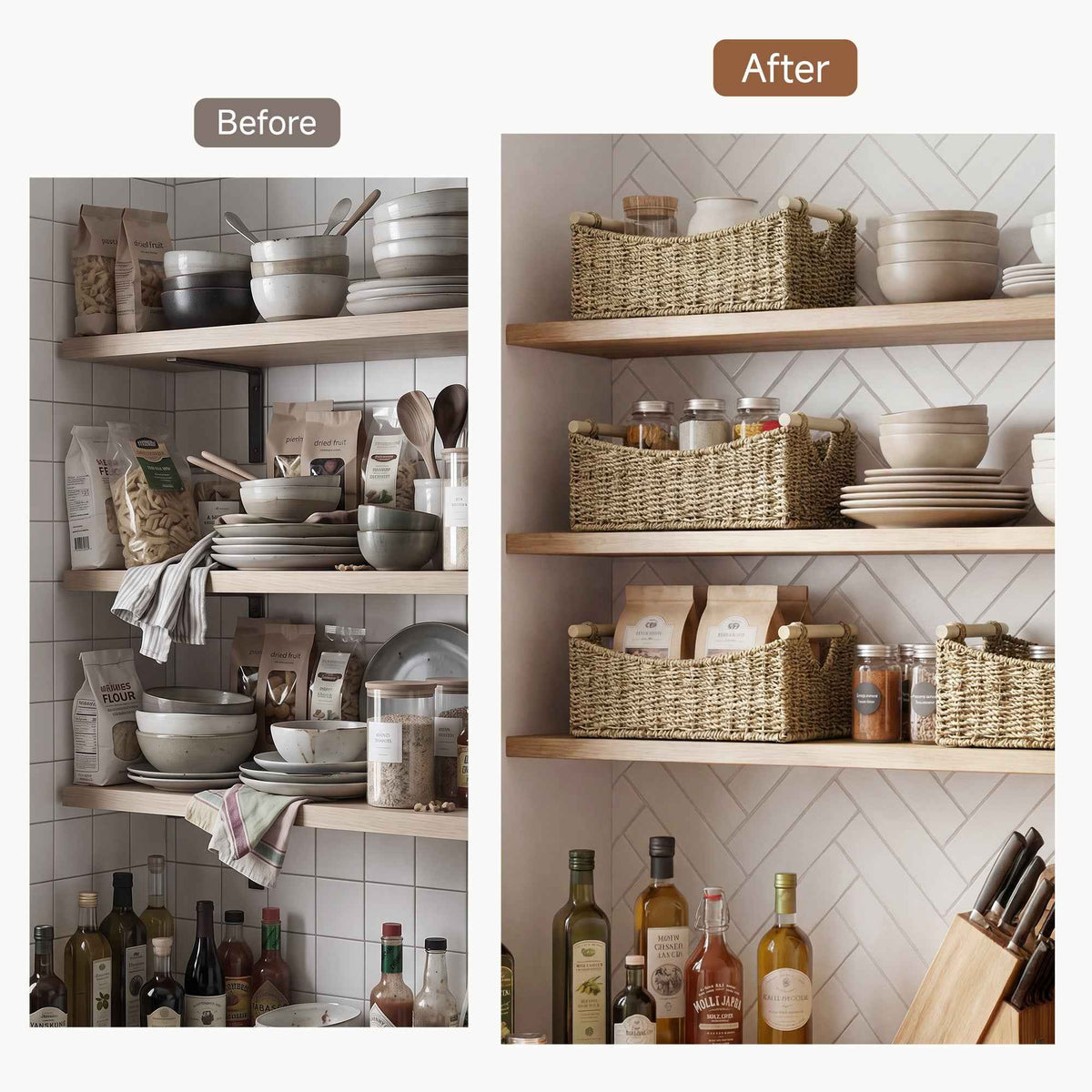 Seagrass Curved-Side Basket with Wood Handles