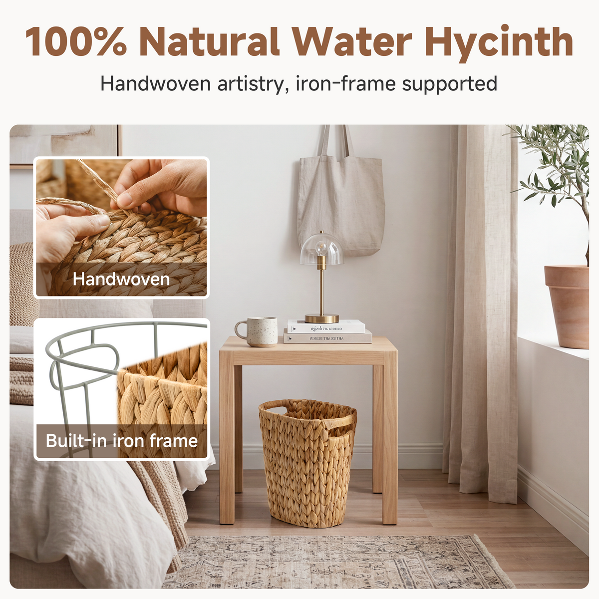 Handwoven Water Hyacinth Trash Can with Built-in Handles