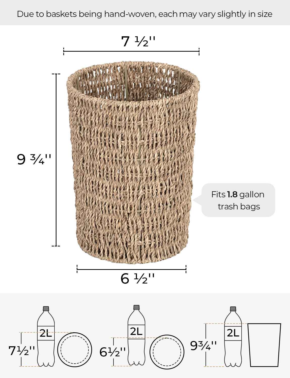 Wicker Garbage Can for Bedroom and Bathroom, Seagrass